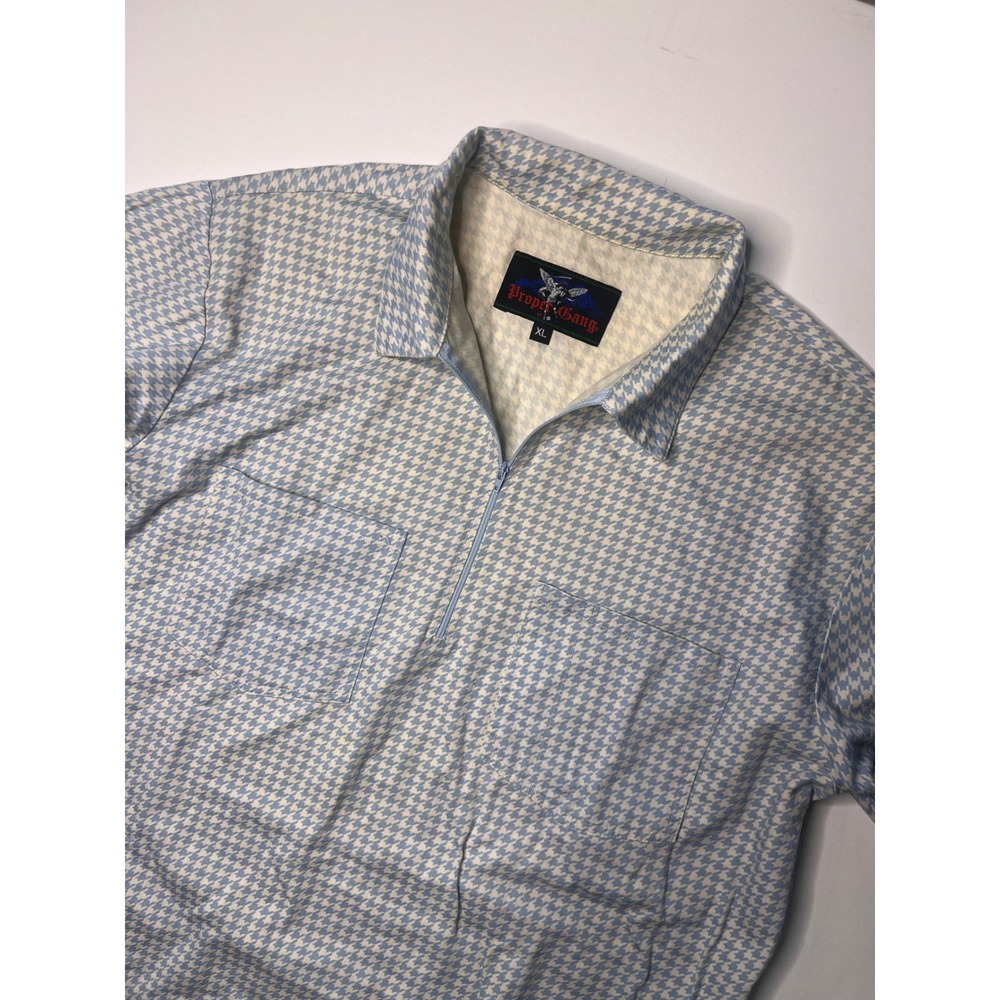 PROPER GANG Mens XL Blue White Houndstooth Short Sleeve Zip Up Shirt